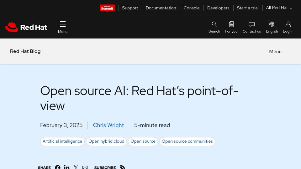 Screenshot of redhat.com: Open source AI: Red Hat's point-of-view