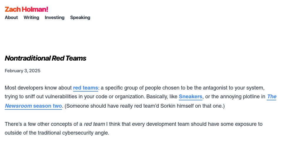Screenshot of zachholman.com: Nontraditional Red Teams