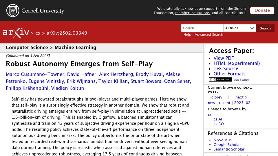 Screenshot of arxiv.org: Robust autonomy emerges from self-play