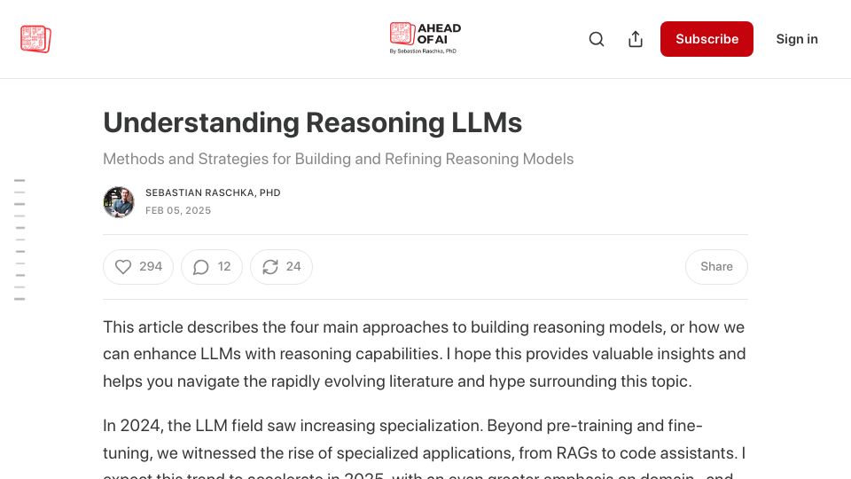 Screenshot of magazine.sebastianraschka.com: Understanding Reasoning LLMs