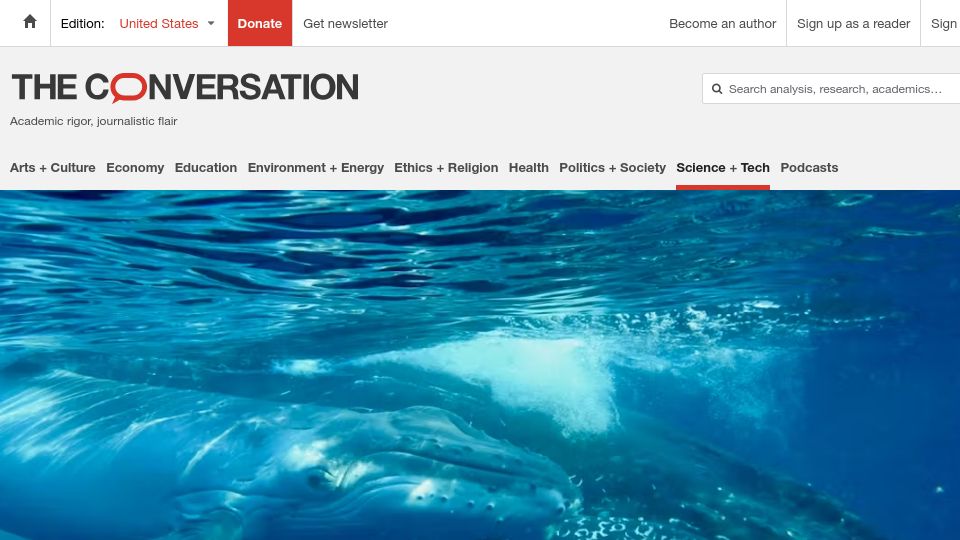Screenshot of theconversation.com: Whalesong patterns follow a universal law of human language, new research finds
