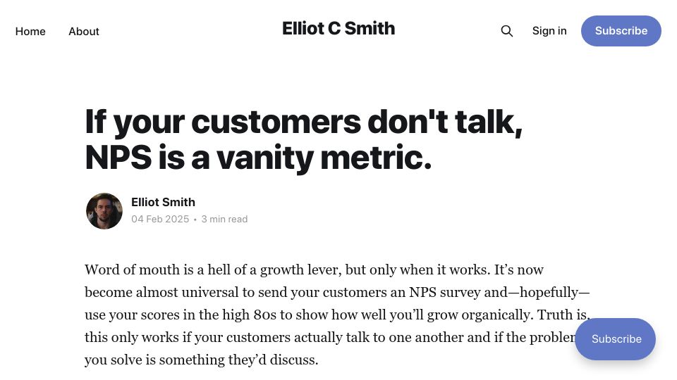 Screenshot of elliotcsmith.com: If your customers don't talk, NPS is a vanity metric