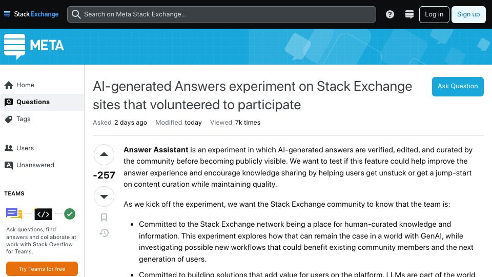 Screenshot of meta.stackexchange.com: AI-generated Answers experiment on Stack Exchange sites