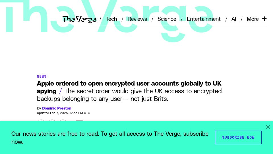 Screenshot of theverge.com: Apple ordered to open encrypted user accounts globally to UK spying