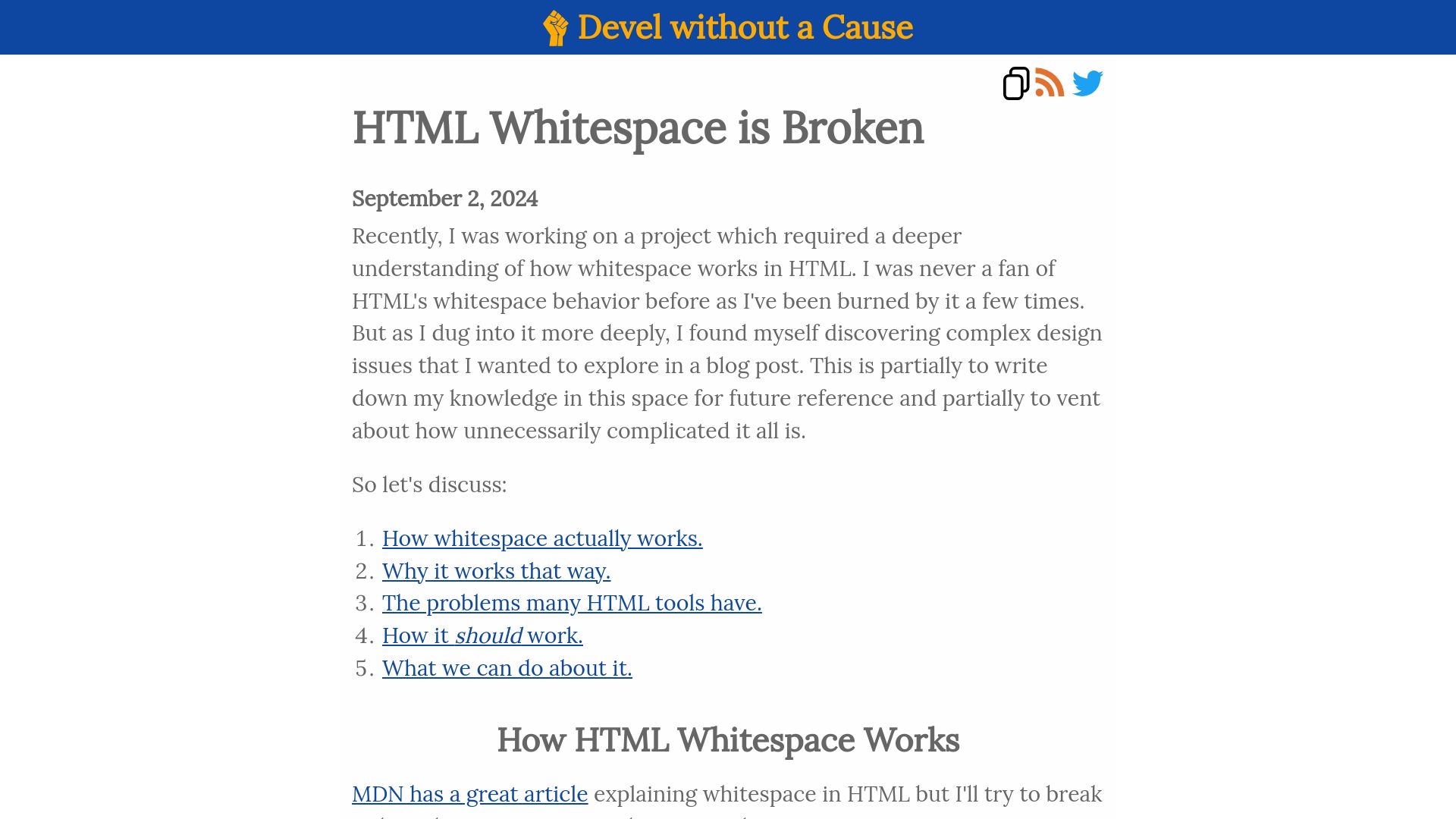 Screenshot of blog.dwac.dev: HTML whitespace is broken (2024)