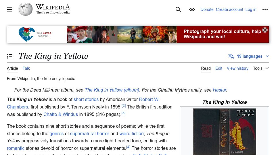 Screenshot of en.wikipedia.org: The King in Yellow
