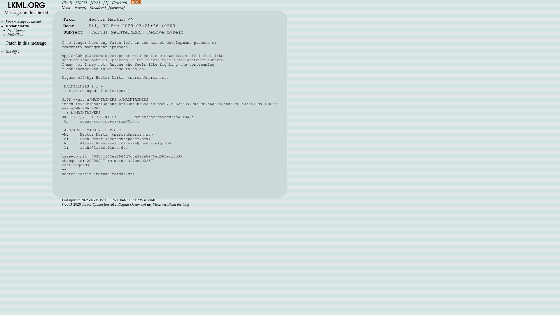 Screenshot of lkml.org: Asahi Linux lead developer Hector Martin resigns from Linux kernel