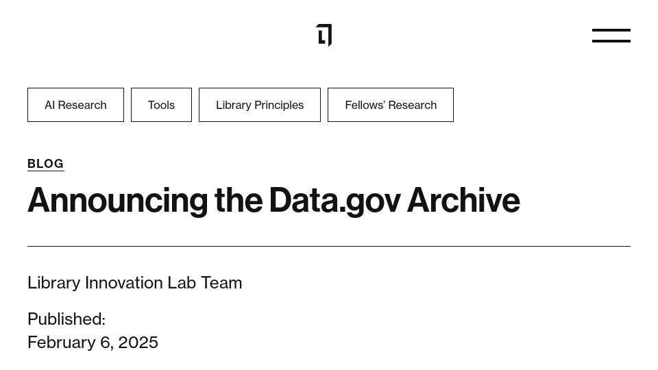 Screenshot of lil.law.harvard.edu: Announcing the data.gov archive