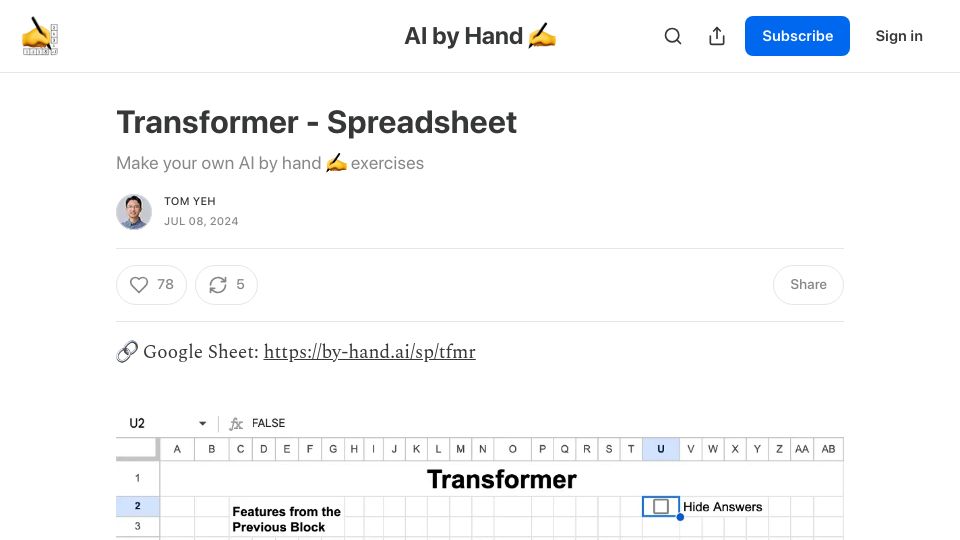 Screenshot of byhand.ai: Transformer – Spreadsheet