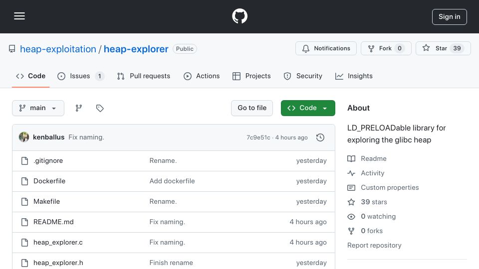 Screenshot of github.com: Show HN: Heap Explorer