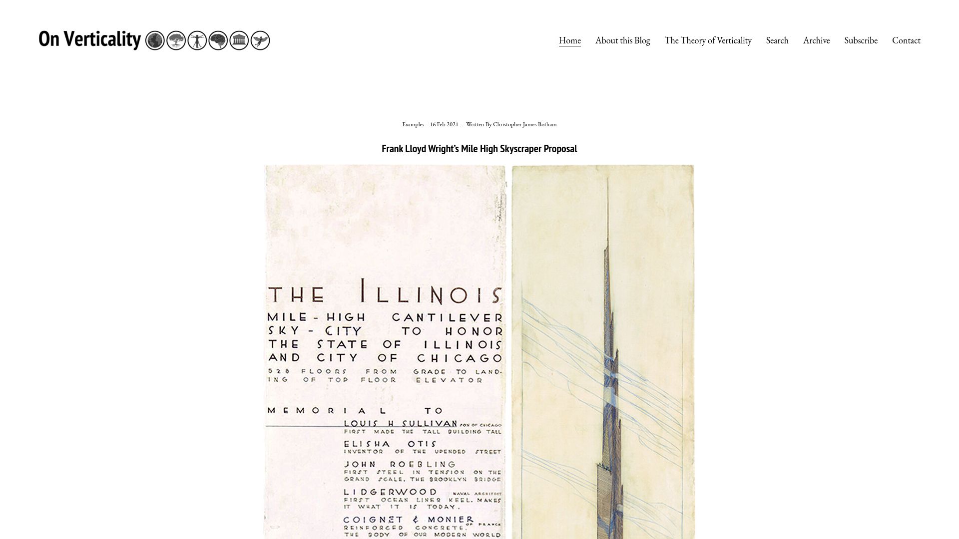 Screenshot of onverticality.com: Frank Lloyd Wright's mile high skyscraper proposal (2021)