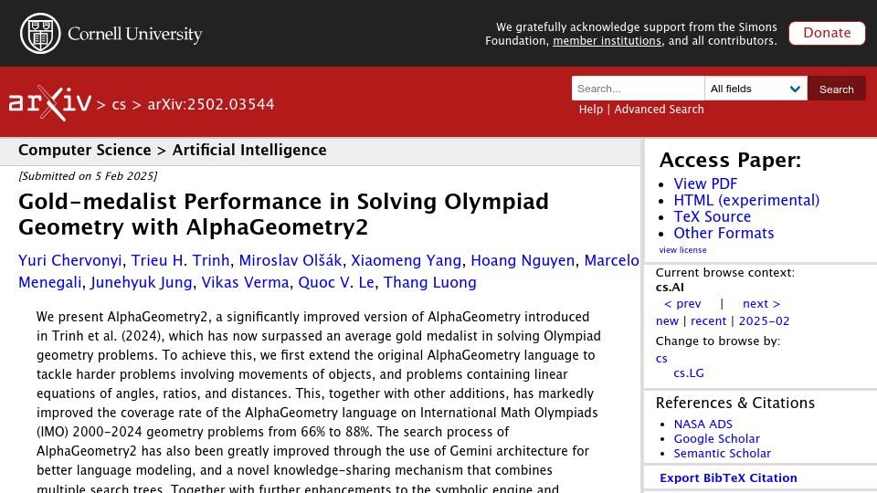 Screenshot of arxiv.org: Gold-Medalist Performance in Solving Olympiad Geometry with AlphaGeometry2
