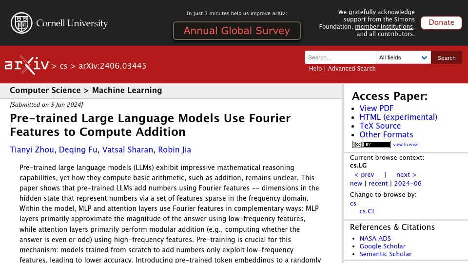 Screenshot of arxiv.org: Pre-Trained Large Language Models Use Fourier Features for Addition (2024)