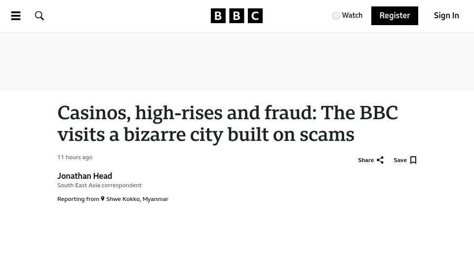 Screenshot of bbc.co.uk: Shwe Kokko is accused of being a city built on scams