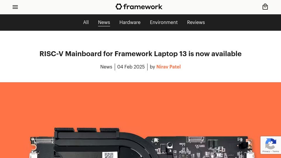 Screenshot of frame.work: RISC-V Mainboard for Framework Laptop 13 is now available