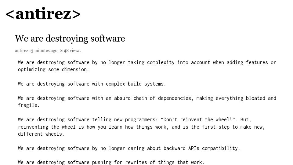Screenshot of antirez.com: We are destroying software