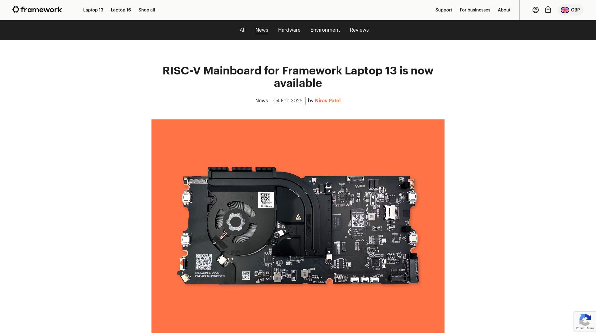 Screenshot of frame.work: RISC-V Mainboard for Framework Laptop 13 is now available