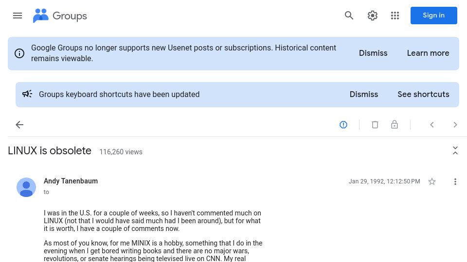 Screenshot of groups.google.com: LINUX is obsolete (1992)