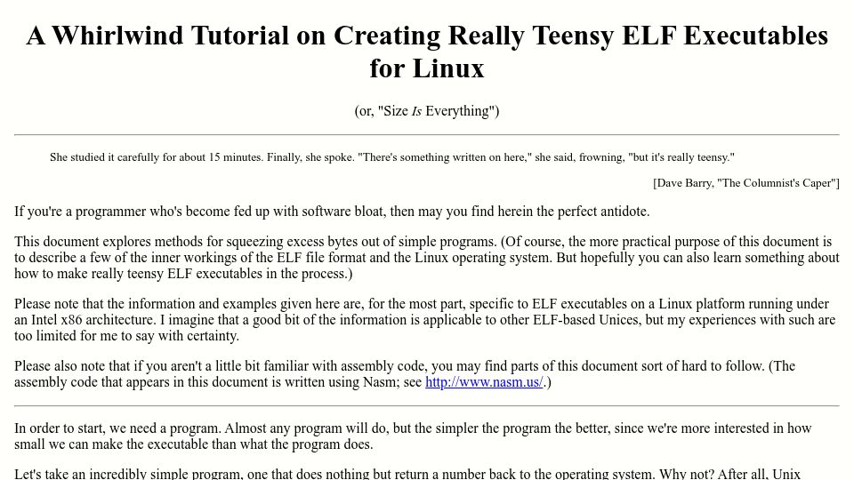 Screenshot of muppetlabs.com: A whirlwind tutorial on creating teensy ELF executables for Linux (1999)