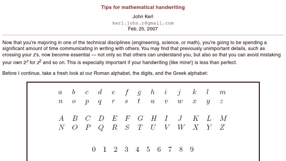 Screenshot of johnkerl.org: Tips for mathematical handwriting (2007)