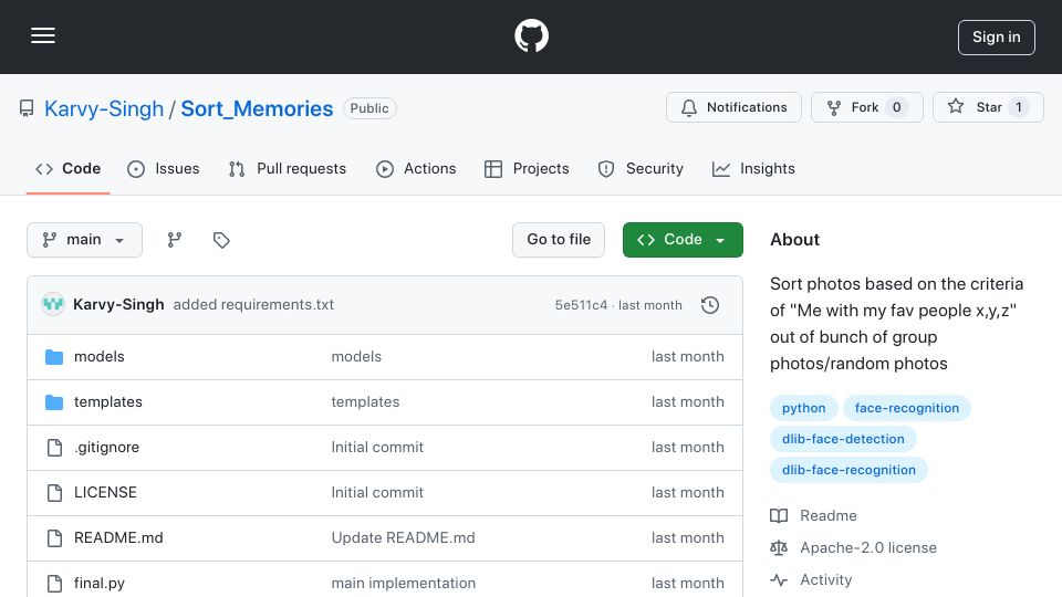 Screenshot of github.com: Show HN: Automated Sorting of group photos by user defined N people in each pic