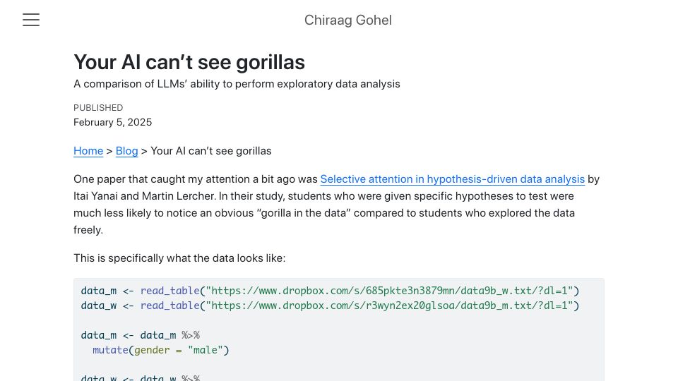Screenshot of chiraaggohel.com: Are LLMs able to notice the “gorilla in the data”?