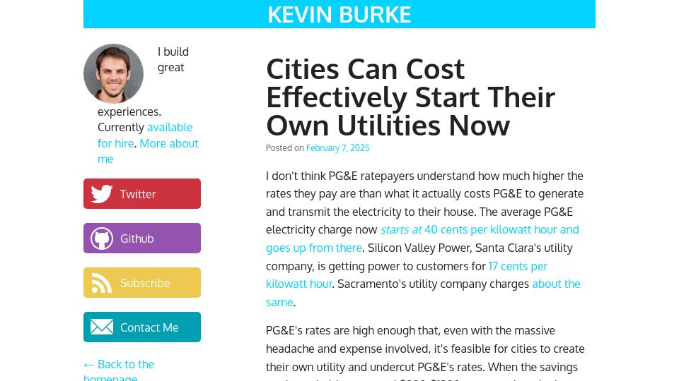Screenshot of kevin.burke.dev: Cities can cost effectively start their own utilities