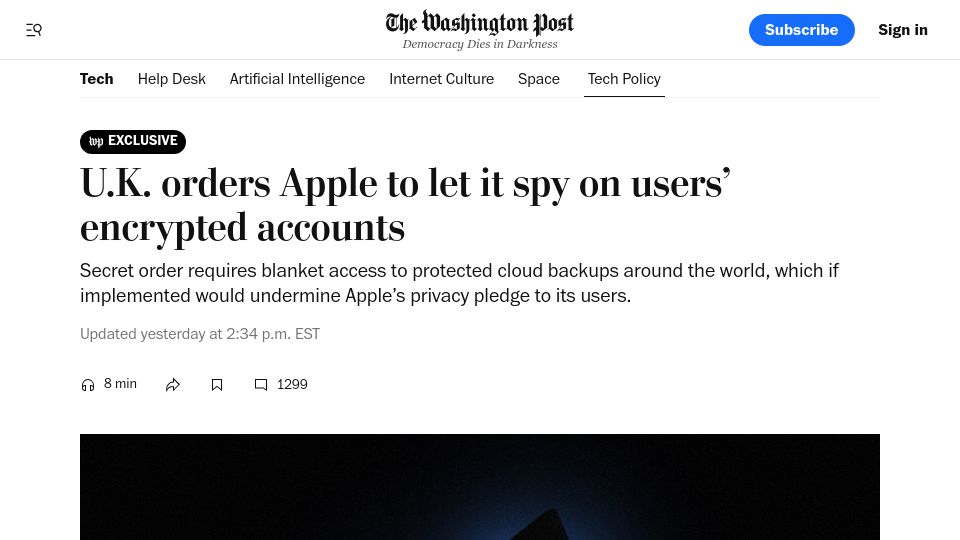 Screenshot of washingtonpost.com: U.K. orders Apple to let it spy on users’ encrypted accounts