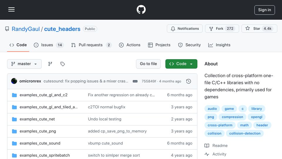 Screenshot of github.com: Collection of one-file C/C++ libraries with no dependencies, primarily for games
