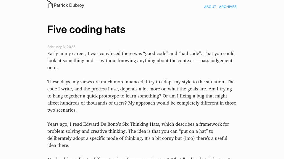 Screenshot of dubroy.com: Five coding hats