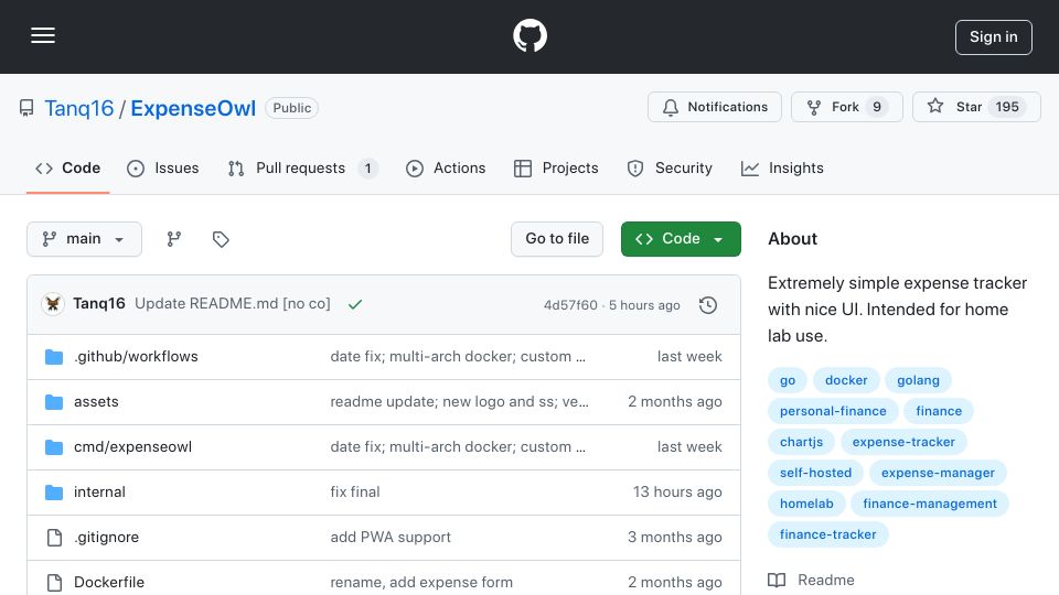 Screenshot of github.com: Show HN: ExpenseOwl – Simple, self-hosted expense tracker