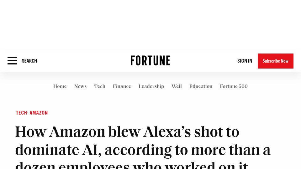 Screenshot of fortune.com: Amazon blew Alexa's shot to dominate AI, according to employees (2024)