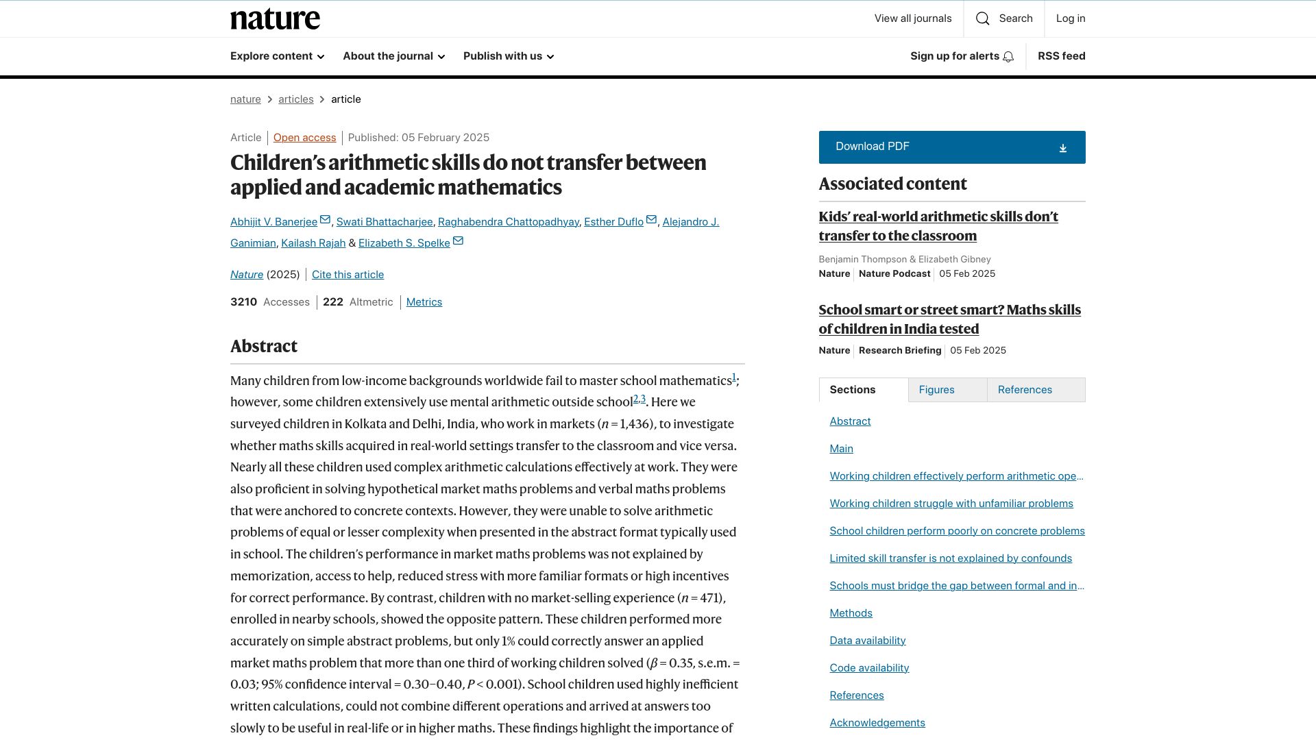 Screenshot of nature.com: Children's arithmetic skills do not transfer between applied and academic math
