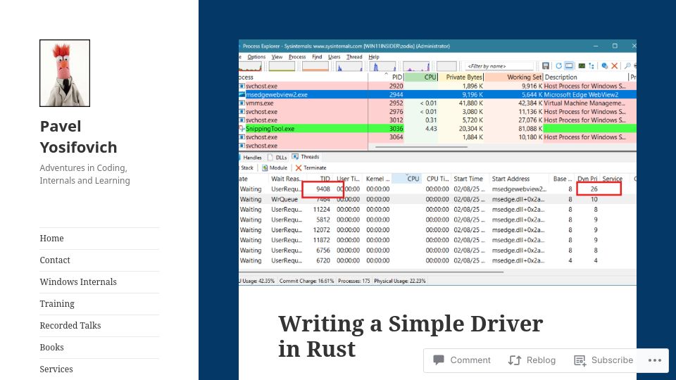 Screenshot of scorpiosoftware.net: Writing a simple windows driver in Rust