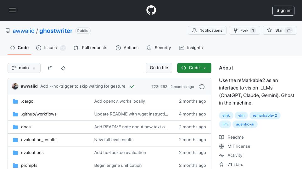 Screenshot of github.com: Ghostwriter – use the reMarkable2 as an interface to vision-LLMs