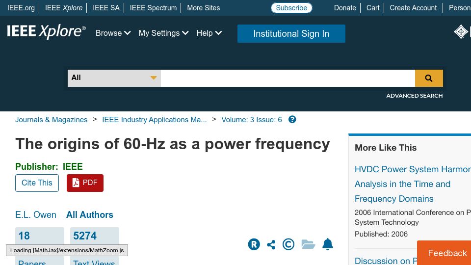 Screenshot of ieeexplore.ieee.org: The origins of 60-Hz as a power frequency (1997)