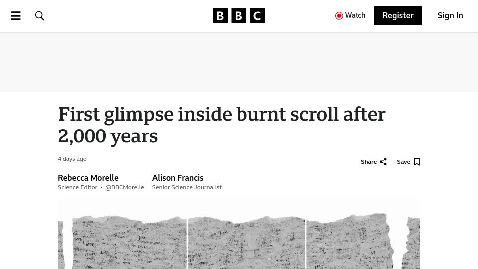 Screenshot of bbc.co.uk: First glimpse inside burnt scroll after 2k years