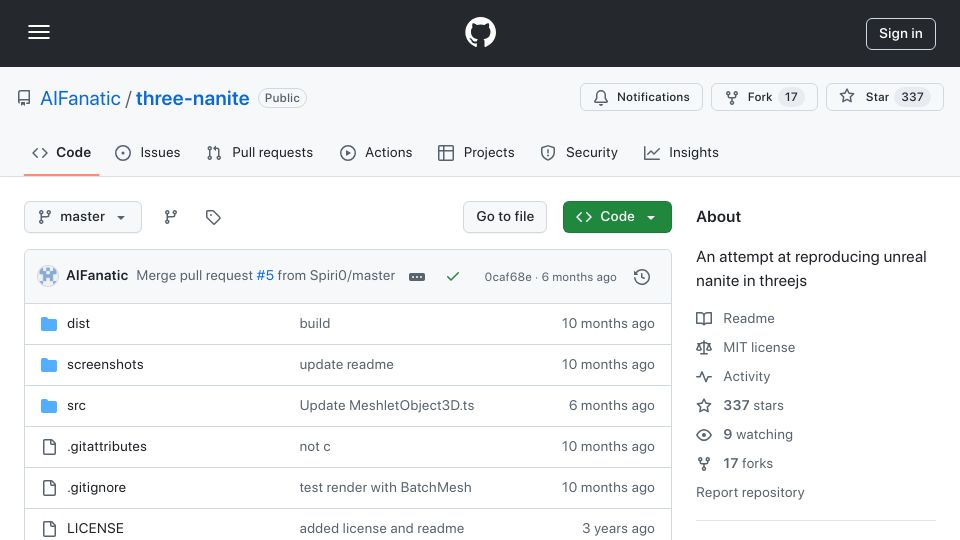 Screenshot of github.com: Three-nanite: Unreal Nanite in Three.js