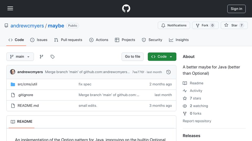 Screenshot of github.com: A better (than Optional) maybe for Java