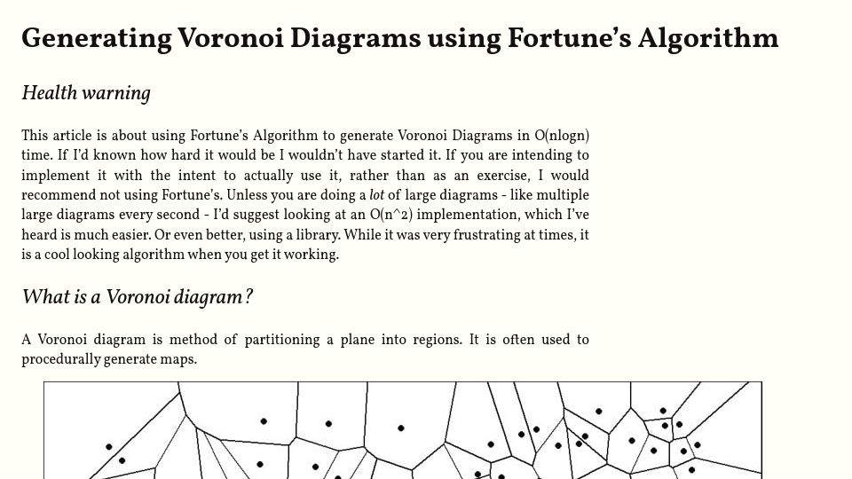 Screenshot of redpenguin101.github.io: Generating Voronoi diagrams using Fortune's algorithm