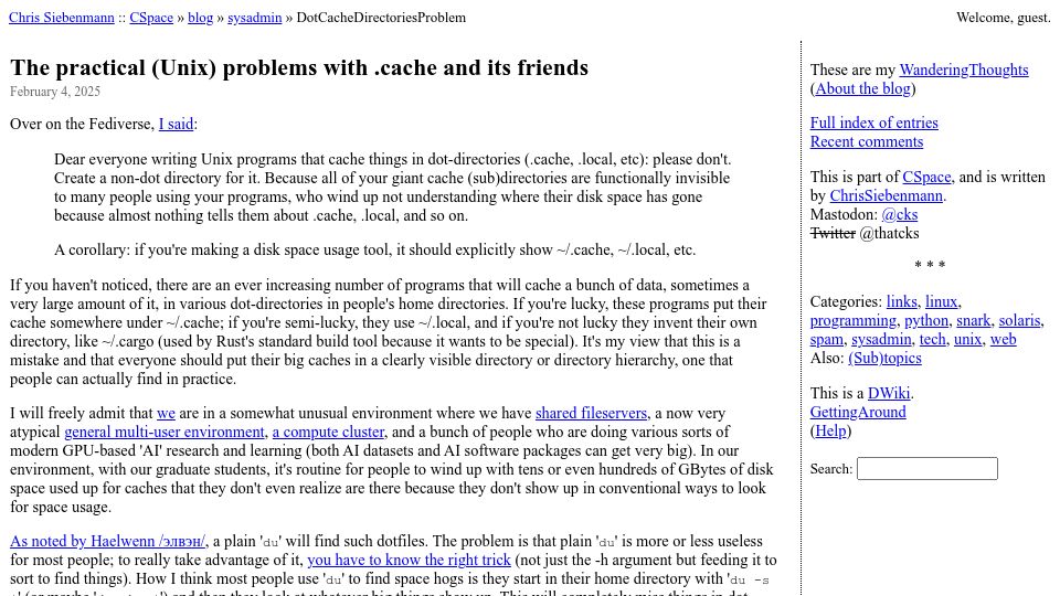 Screenshot of utcc.utoronto.ca: The practical (Unix) problems with .cache and its friends