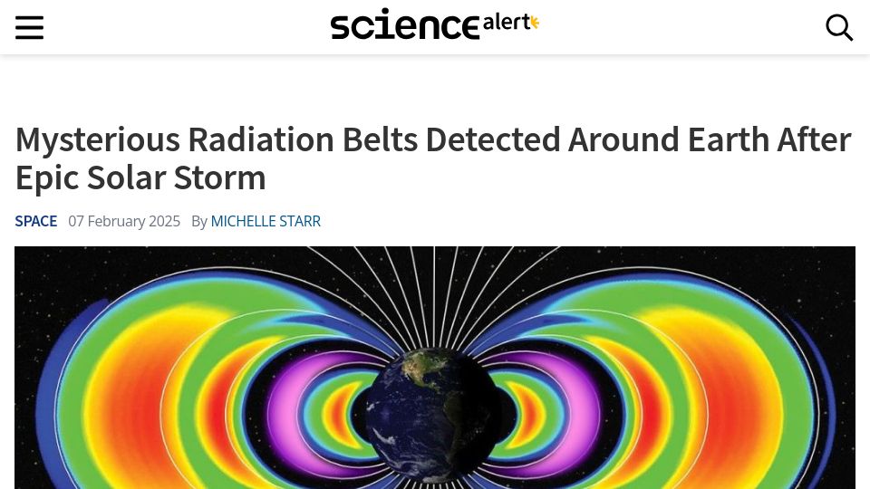 Screenshot of sciencealert.com: Radiation belts detected around Earth after solar storm
