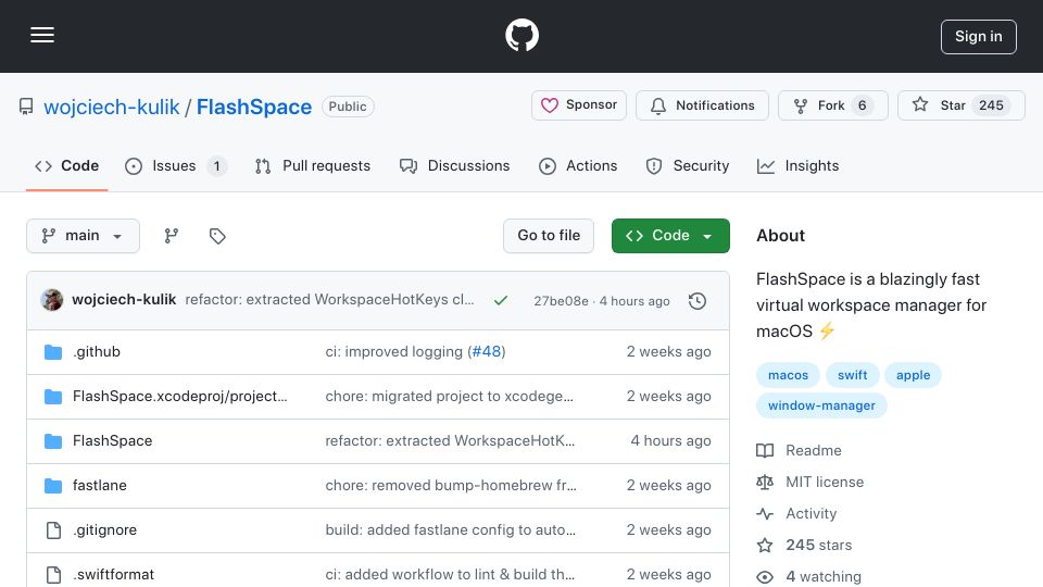 Screenshot of github.com: Show HN: FlashSpace – fast, open-source, macOS Spaces replacement