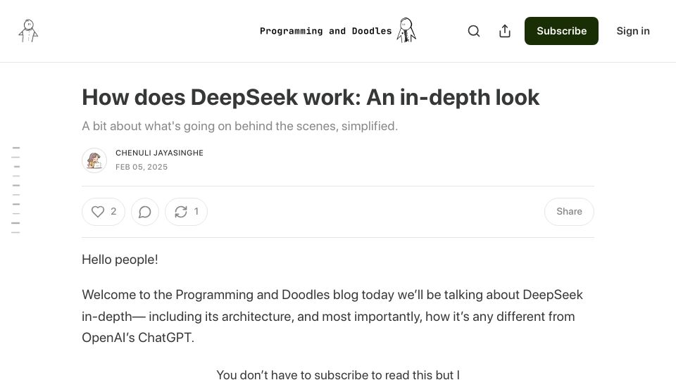 Screenshot of codedoodles.substack.com: How does DeepSeek work: An inside look