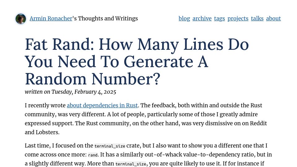 Screenshot of lucumr.pocoo.org: Fat Rand: How many lines do you need to generate a random number?