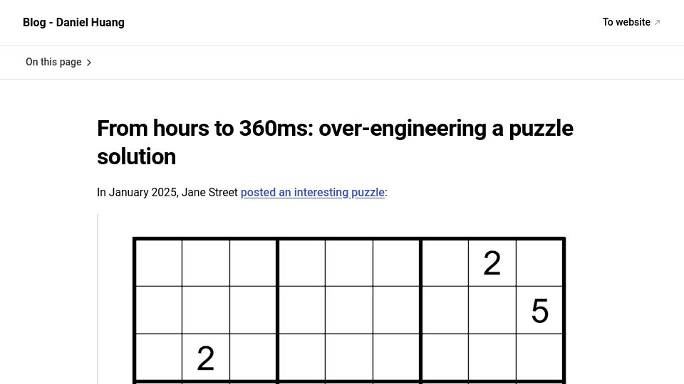 Screenshot of blog.danielh.cc: From hours to 360ms: over-engineering a puzzle solution