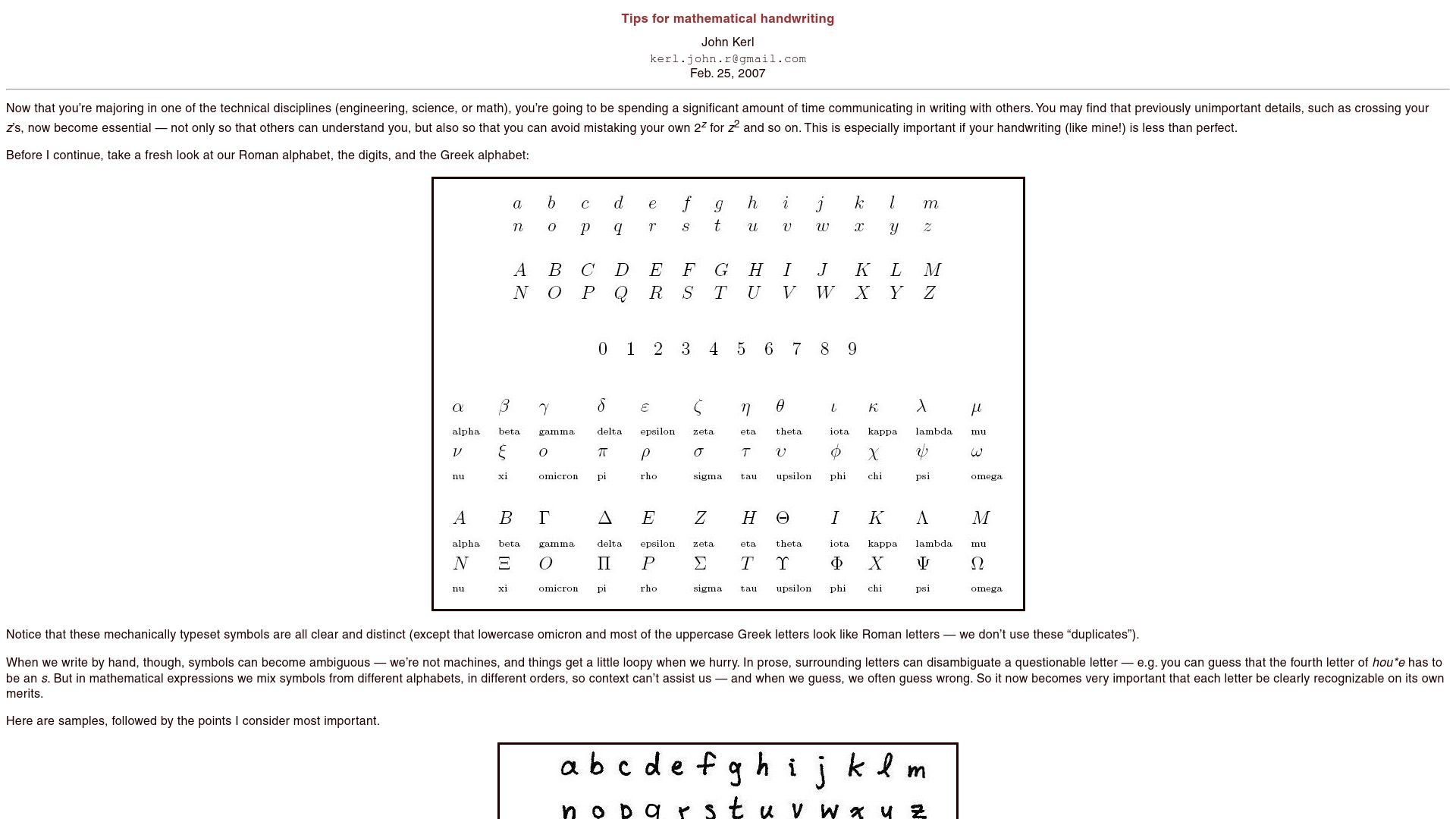 Screenshot of johnkerl.org: Tips for mathematical handwriting (2007)