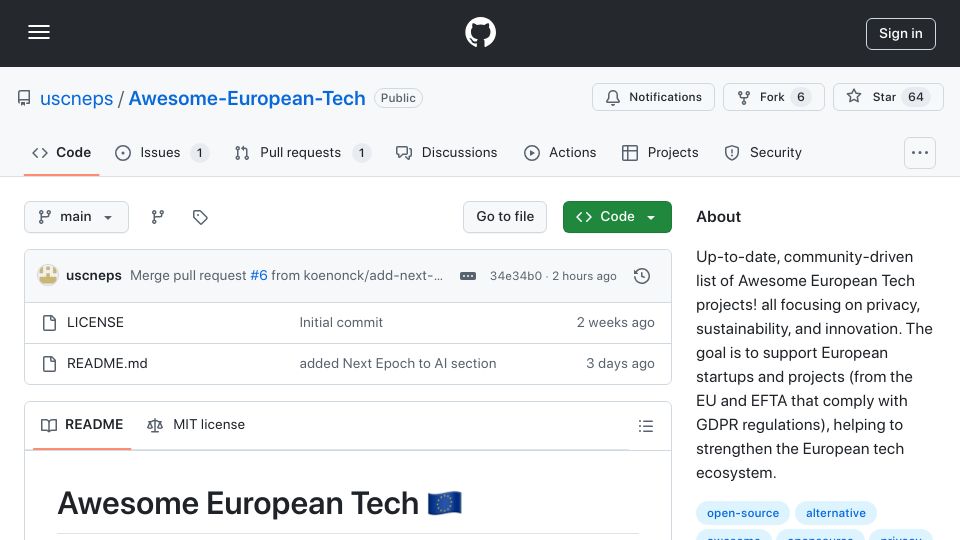Screenshot of github.com: Building a list of European projects/companies, can you help me to add more?