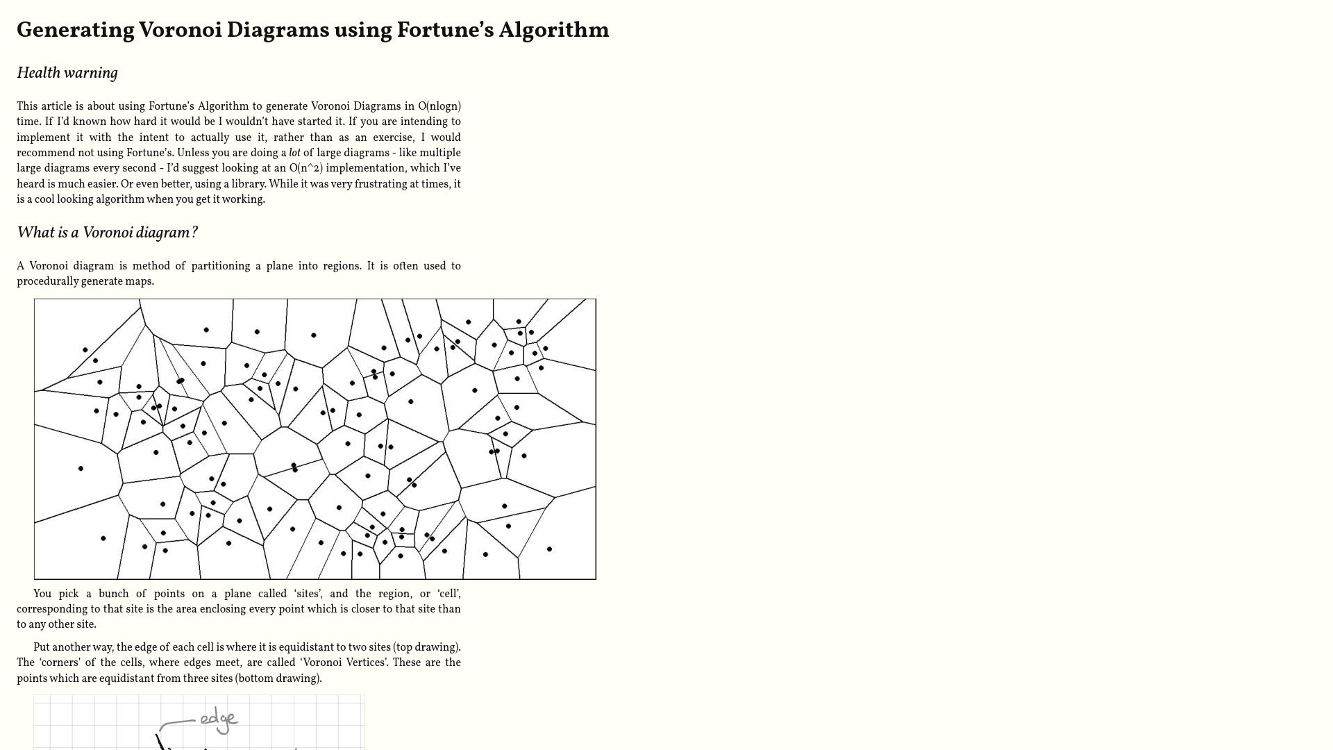 Screenshot of redpenguin101.github.io: Generating Voronoi diagrams using Fortune's algorithm