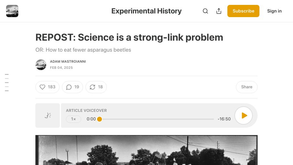 Screenshot of experimental-history.com: Science is a strong-link problem